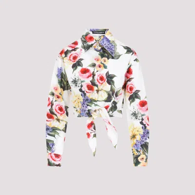 Dolce & Gabbana White Ls Rose Print Cotton Shirt