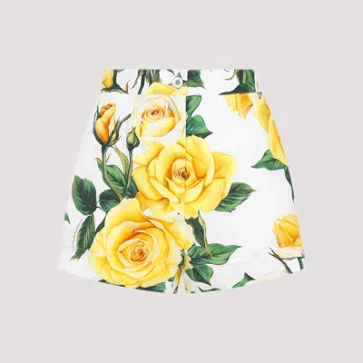 Dolce & Gabbana Yellow Rose Print Cotton Shorts In White