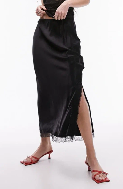Topshop Lace Trim Satin Bias Midi Skirt In Black