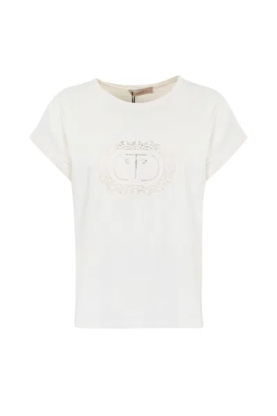 Twinset T-shirt With Lace Logo In Bianco Ottico