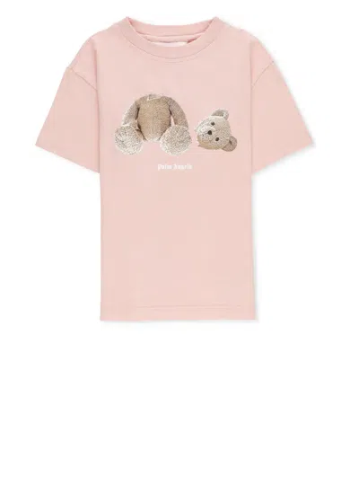Palm Angels Kids' Teddy-print Cotton T-shirt In Pink Brown