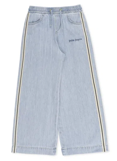 Palm Angels Kids' Stripe-trim Wide-leg Jeans In Blue