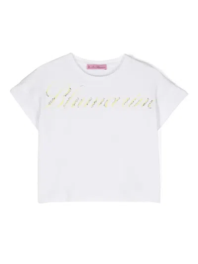 Miss Blumarine Kids' White T-shirt With Logo Print With Rhinestones In Bianco