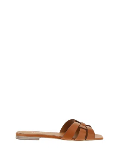 Saint Laurent Woven Leather Sandal Slide In Brown