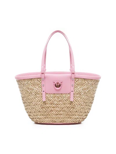 Pinko Love Summer Logo Detailed Tote Bag In Naturale/rosa-block Colour