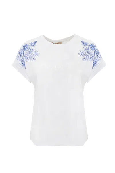 Twinset T-shirt With Floral Embroidery In Ric.fiore Blu/bianco
