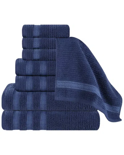 Superior Brea Zero Twist Cotton Ribbed Geometric Border Plush 8pc Towel Set In Blue
