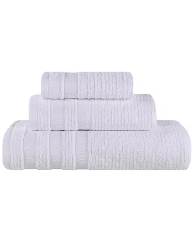 Superior Brea Zero Twist Cotton Ribbed Geometric Border Plush 3pc Towel Set In White