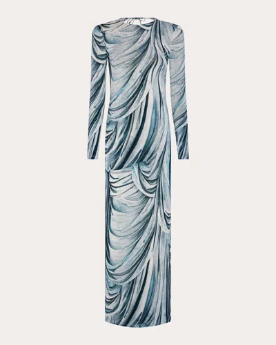 Rabanne Draped-print Long-sleeve Backless Maxi Dress In Blue