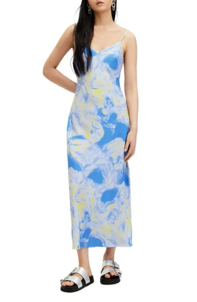 Allsaints Bryony Spiral Print Midi Slip Dress In Violet Blue