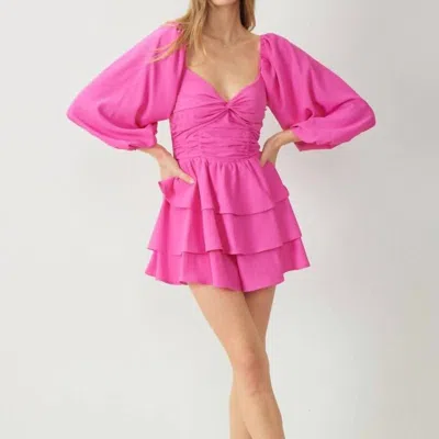 Entro Twist Front Long Sleeve Tiered Romper In Pink