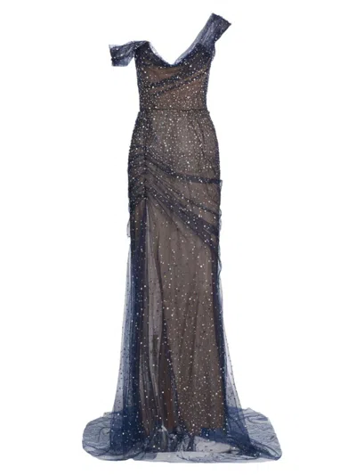 Marchesa Women's Crystal-embellished Off-the-shoulder Gown In Navy