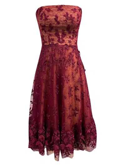 Dress The Population Women's Kailyn Floral-embroidered Fit-and-flare Midi-dress In Burgundy Beige