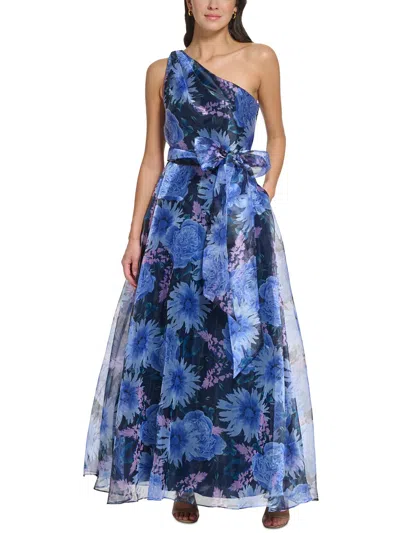 Eliza J Womens One Shoulder Printed Evening Dress In Blue