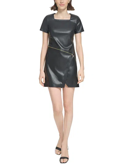 Calvin Klein Petites Womens Faux Leather Short Sheath Dress In Black