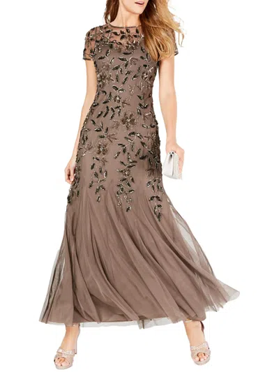 Adrianna Papell Womens Embellished Maxi Evening Dress In Silver