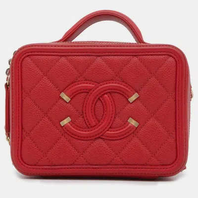 Pre-owned Chanel Red Caviar Leather Cc Filigree Vanity Bag