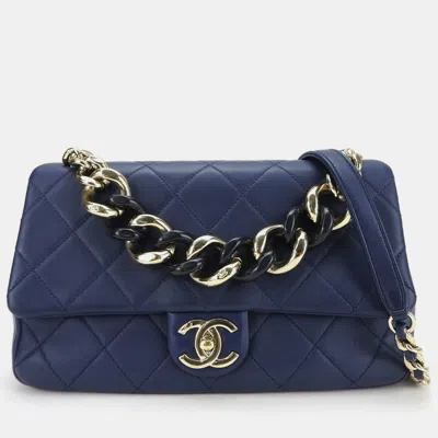 Pre-owned Chanel Blue Quilted Lambskin Small Resin Elegant Chain Flap Bag