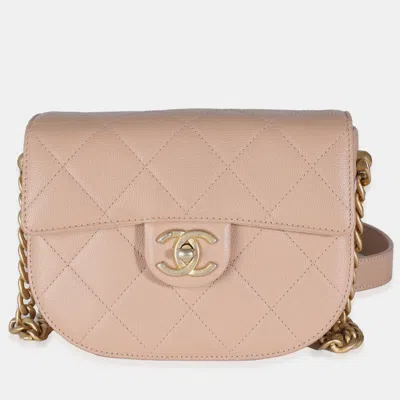 Pre-owned Chanel Beige Quilted Caviar Mini Round Messenger Bag In Pink