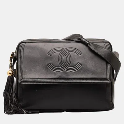 Pre-owned Chanel Black Leather Cc Leather Fringe Camera Bag