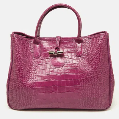 Pre-owned Longchamp Purple Croc Embossed Leather Roseau Tote