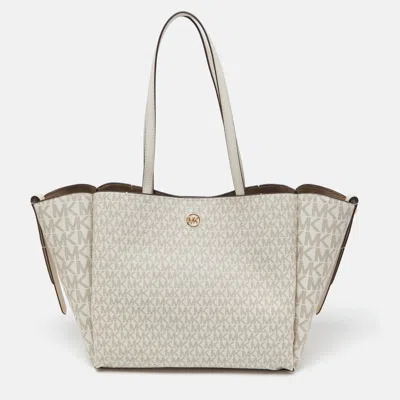Pre-owned Michael Kors Cream Signature Coated Canvas And Leather Freya Tote