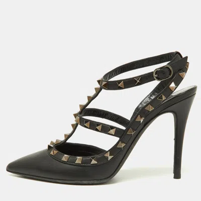 Pre-owned Valentino Garavani Black Leather Rockstud Strappy Pointed Toe Pumps Size Size 38.5
