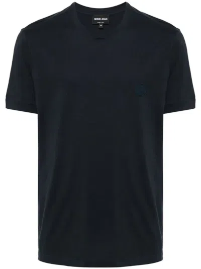 Giorgio Armani Logo Embroidery Cotton T-shirt In Black