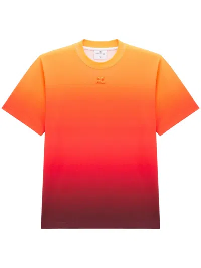 Courrèges T-shirt With Shaded Effect Embroidered Logo In Yellow & Orange