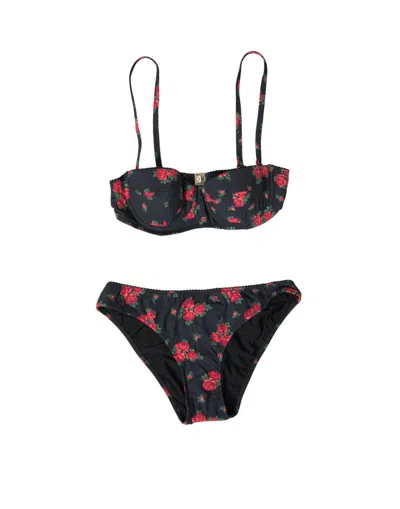 Dolce & Gabbana Black Red Roses Two Piece Swimwear Women's Bikini In Black And Red
