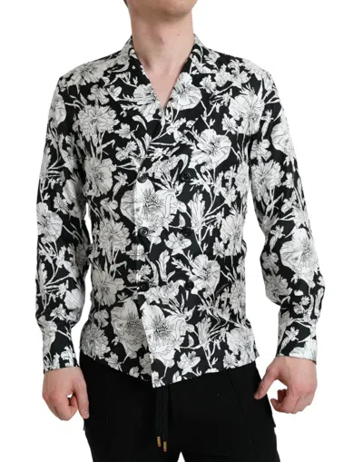 Dolce & Gabbana Black White Floral Button Down Casual Men's Shirt In Black And White