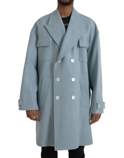 Dolce & Gabbana Blue Double Breasted Trench Coat Men's Jacket In Light Blue