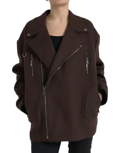Dolce & Gabbana Brown Coat Short Biker Wool Women's Jacket