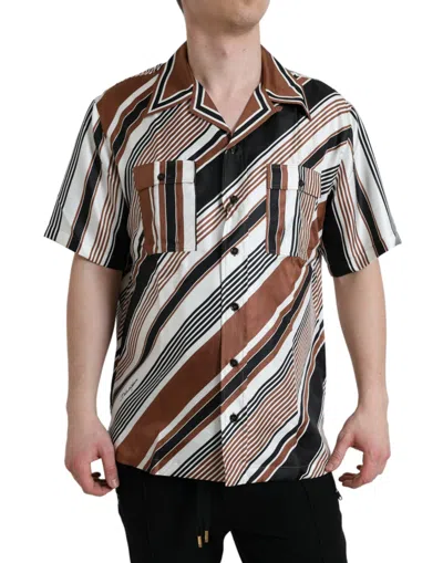 Dolce & Gabbana Brown White Silk Striped Short Sleeve Men's Shirt In Multicolor