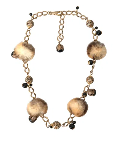 Dolce & Gabbana Gold Brass Leopard Fur Pearl Collier Chain Belt In Gold Black