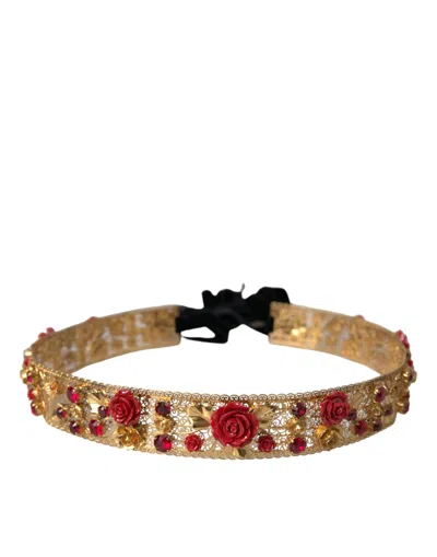 Dolce & Gabbana Gold Brass Red Roses Crystal Jewel Waist Women's Belt