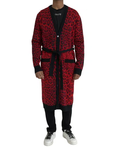 Dolce & Gabbana Red Leopard Wool Robe Belted Cardigan Men's Sweater