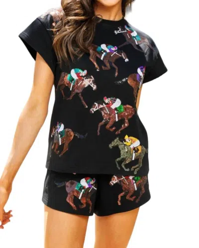 Queen Of Sparkles Scattered Horse And Jockey Top In Black