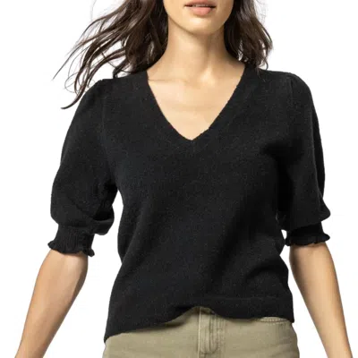 Lilla P Elbow Sleeve V-neck Sweater In Black