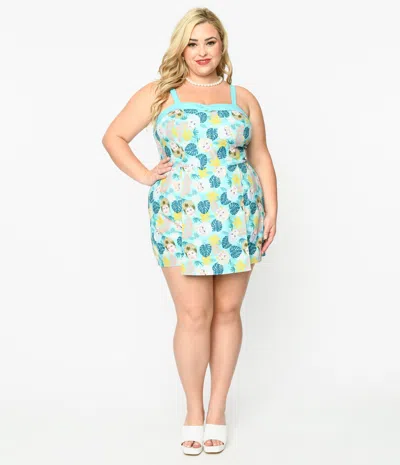 Unique Vintage The Golden Girls X  Plus Size Aqua Character Print Skirted Dolly Romper In Multi