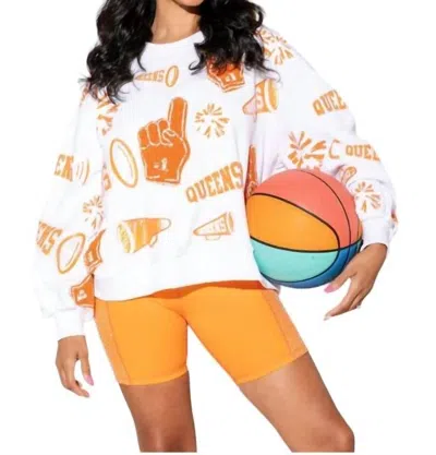 Queen Of Sparkles Cheers Queen Icon Sweatshirt In Orange And White In Multi