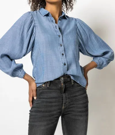 Lilla P Shirred Sleeve Button Down Top In Washed Chambray In Multi