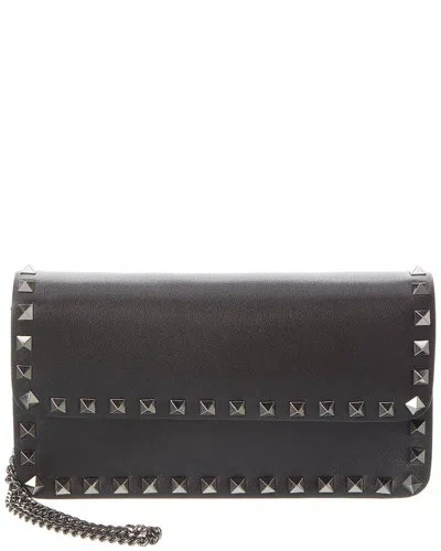 Valentino Garavani Rockstud Leather Wallet On Chain In Black
