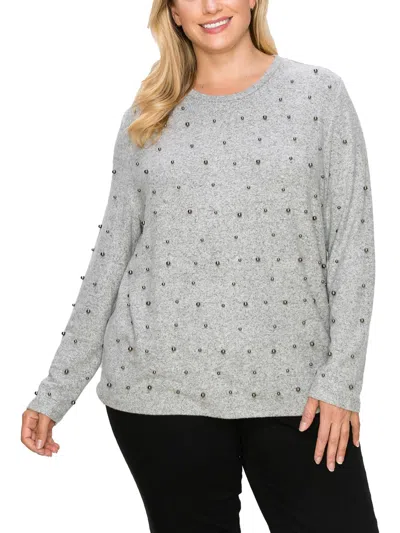 Coin 1804 Plus Womens Embellished Crewneck Pullover Top In Grey