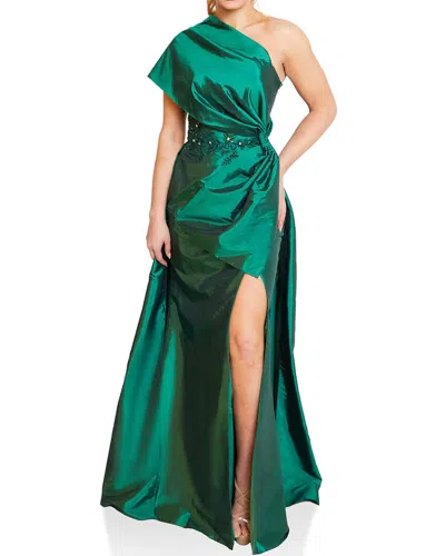 Terani One Shoulder Drape Bow Dress In Green