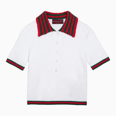 Gucci White Lace And Cotton Polo Shirt With Web Detail Women