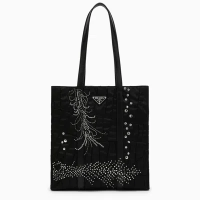 Prada Medium Black Re-nylon Shopping Bag With Embroidery