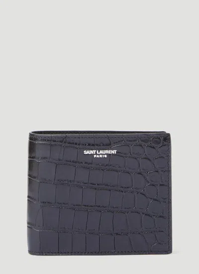 Saint Laurent Men Croc-embossed Bi-fold Wallet In Black
