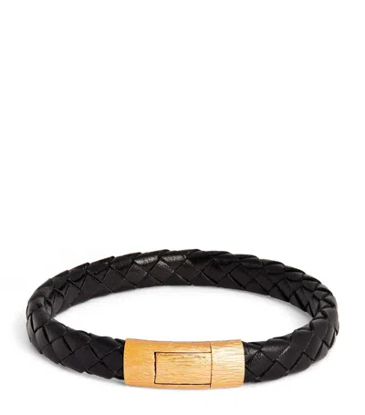 Tateossian Gold-plated Leather Braided Bracelet In Black