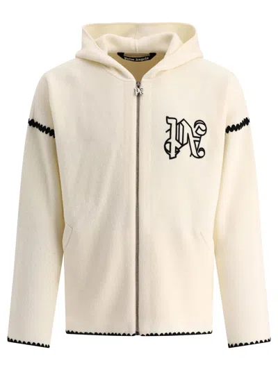 Palm Angels Monogram Embroidered Zipped Knitted Hoodie In White